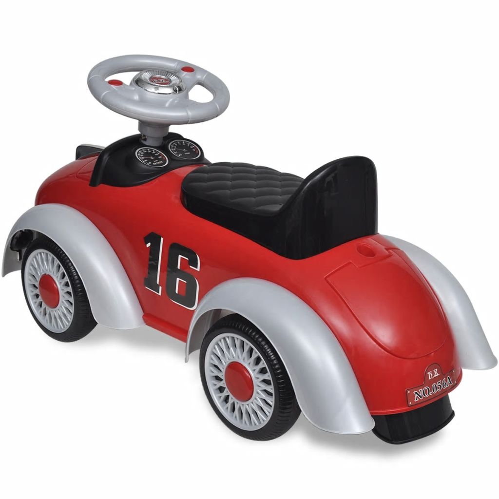 Raudonas retro vaikiškas automobilis su stūmimo rankena