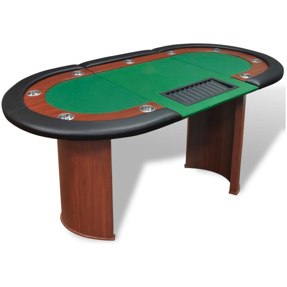 10 žaid. pokerio stalas su dalintojo vieta, žetonų dėže, žalias