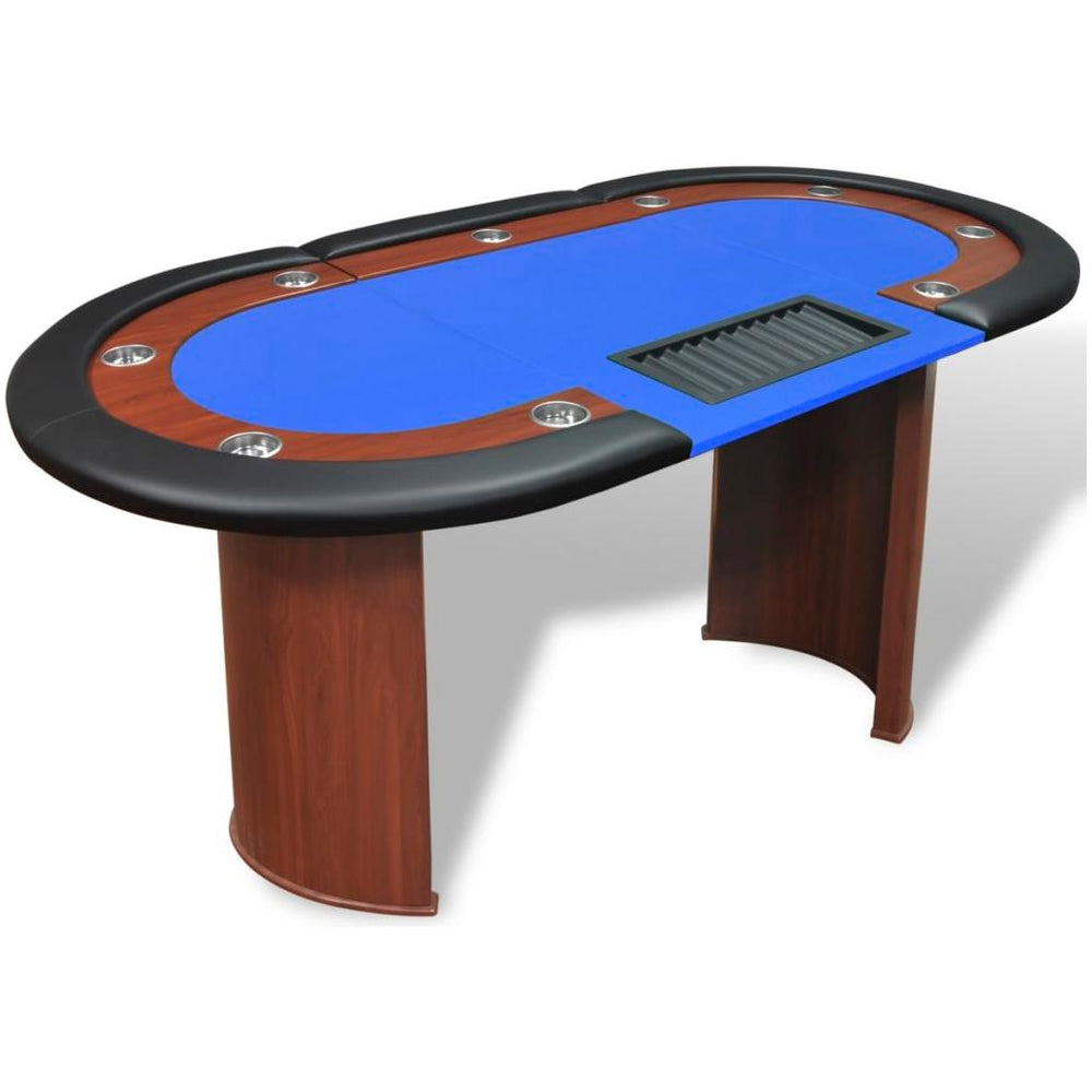 10 žaid. pokerio stalas su dalint. vieta ir žetonų dėže, mėlyn.