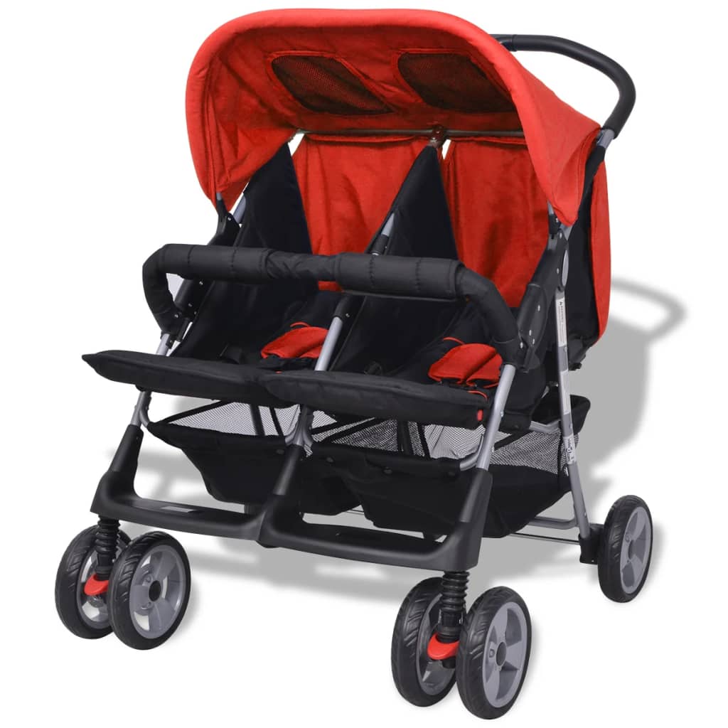 Vaikiškas vežimėlis dvynukams, plienas, raudonas/juodas