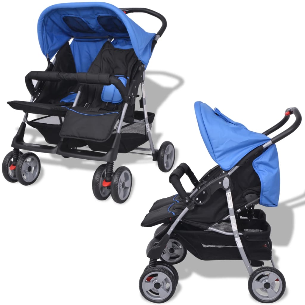 Vaikiškas vežimėlis dvynukams, plienas, mėlynas/juodas