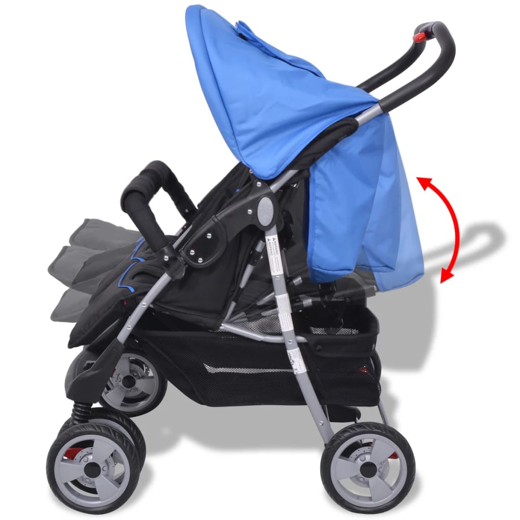 Vaikiškas vežimėlis dvynukams, plienas, mėlynas/juodas