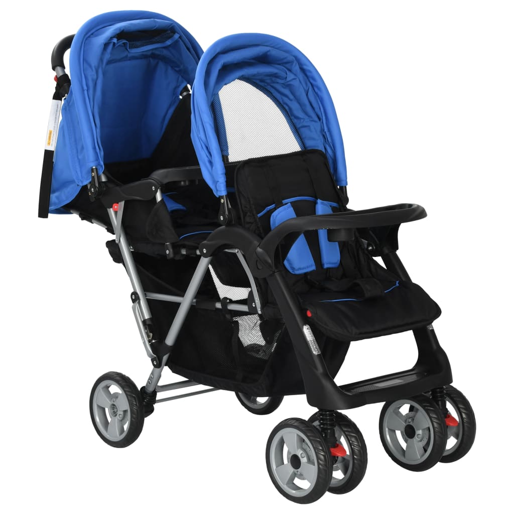 Vaikiškas dvivietis vežimėlis, plienas, mėlynas/juodas