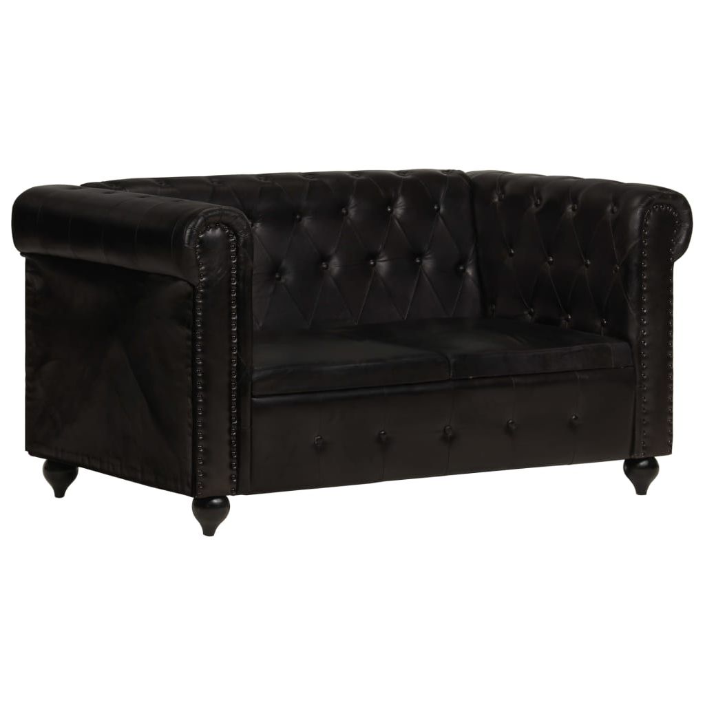 Dvivietė chesterfield sofa, juodos spalvos, tikra oda