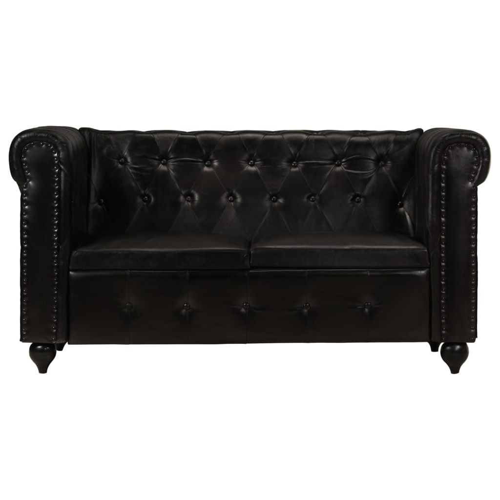 Dvivietė chesterfield sofa, juodos spalvos, tikra oda