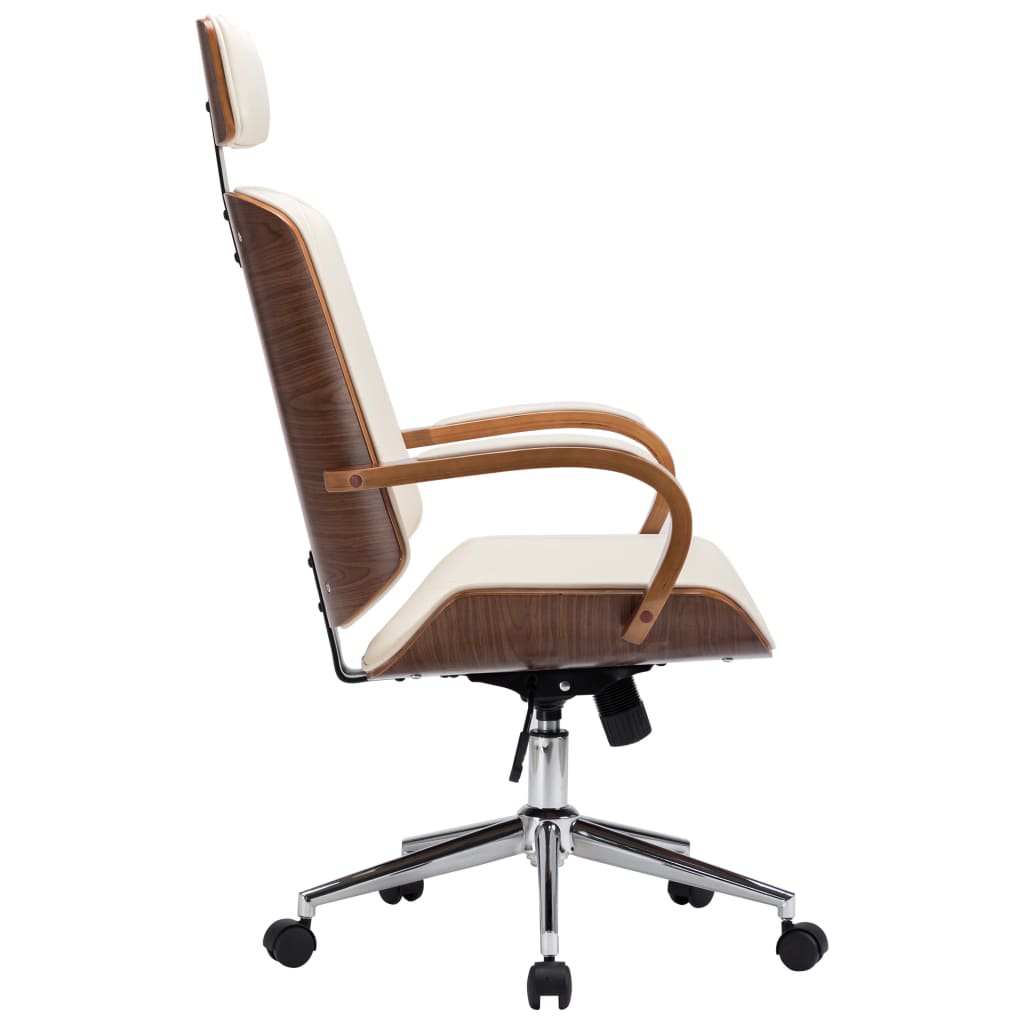 Pasukama biuro kėdė su atlošu galvai, kreminė, dirbtinė oda, mediena
