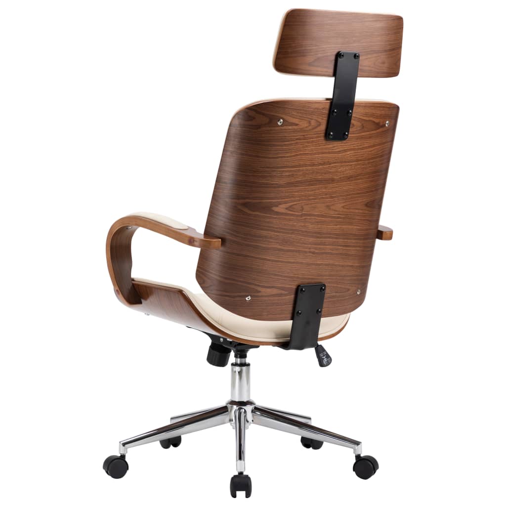 Pasukama biuro kėdė su atlošu galvai, kreminė, dirbtinė oda, mediena