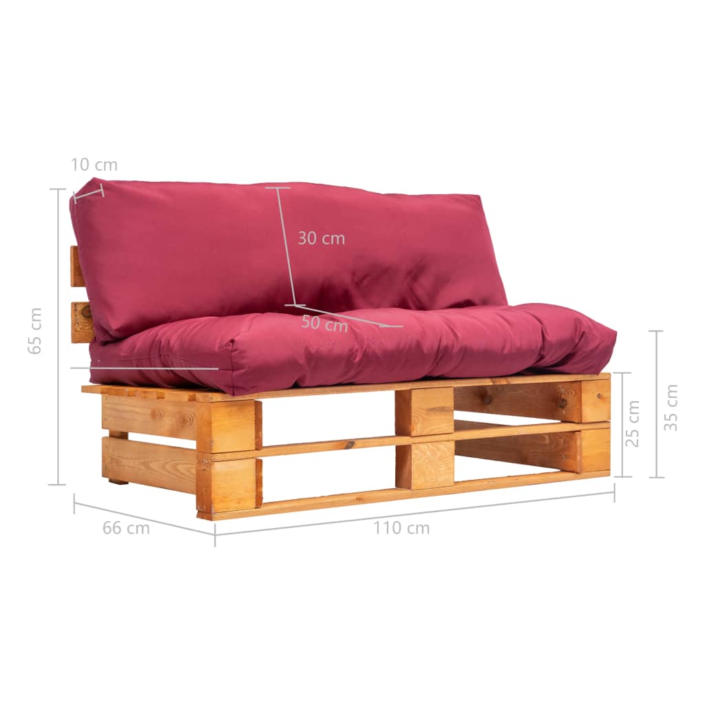 Sodo sofa iš palečių su raud. sp. pagalvėlėmis, FSC pušies med.