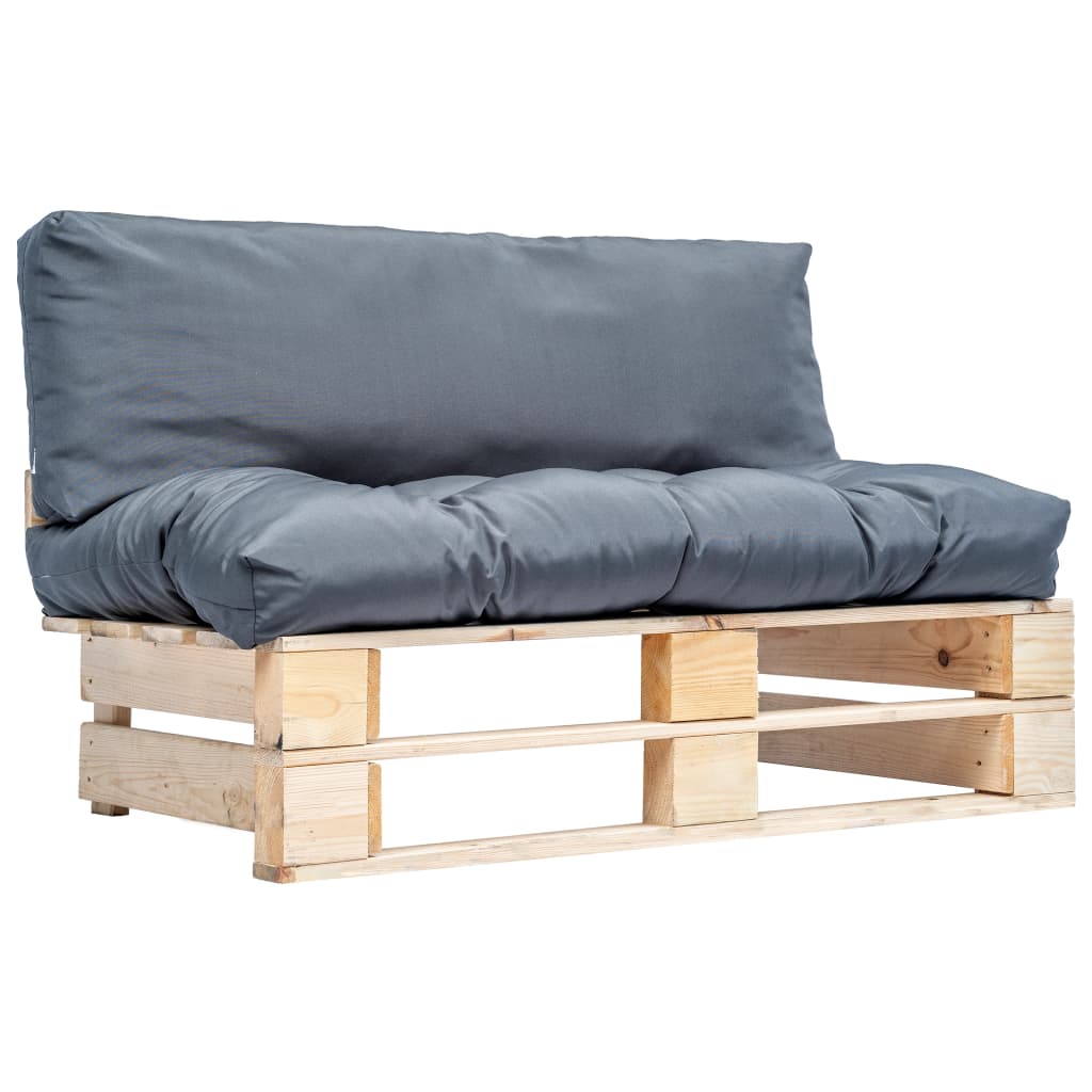 Sodo sofa iš palečių su pilk. sp. pagalvėlėmis, FSC puš. med.