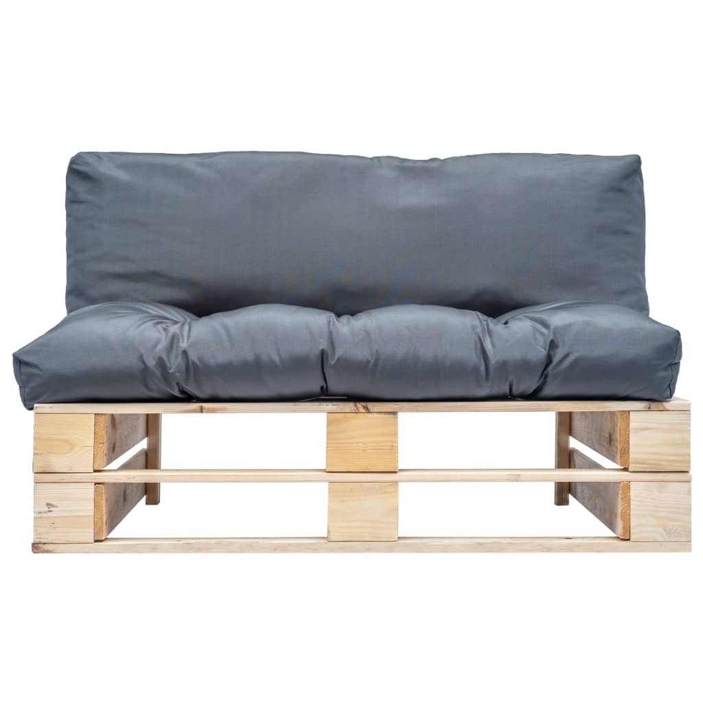 Sodo sofa iš palečių su pilk. sp. pagalvėlėmis, FSC puš. med.