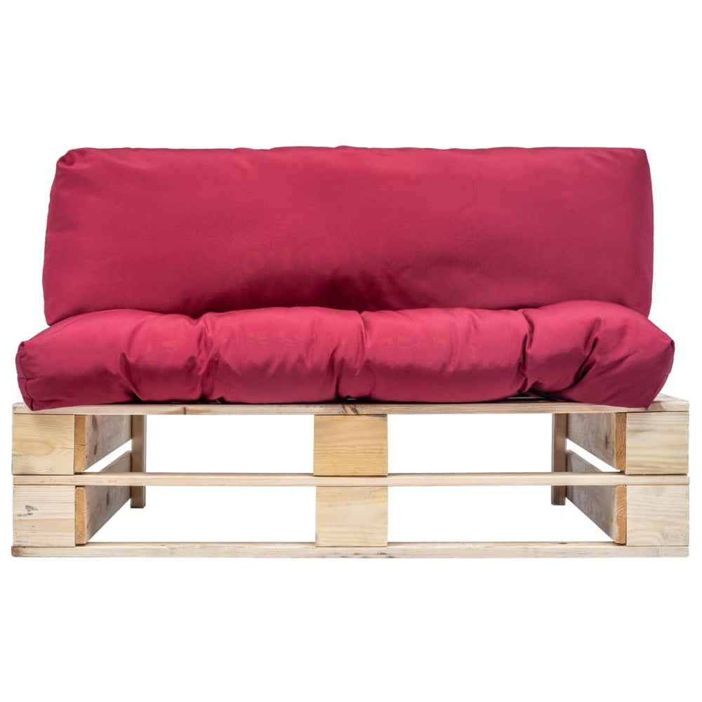Sodo sofa iš palečių su raud. sp. pagalvėlėmis, FSC pušies med.