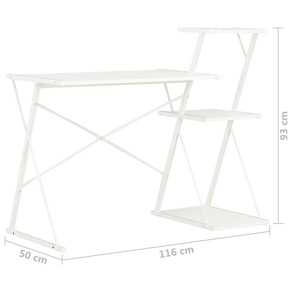 Rašomasis stalas su lentyna, baltos spalvos, 116x50x93cm