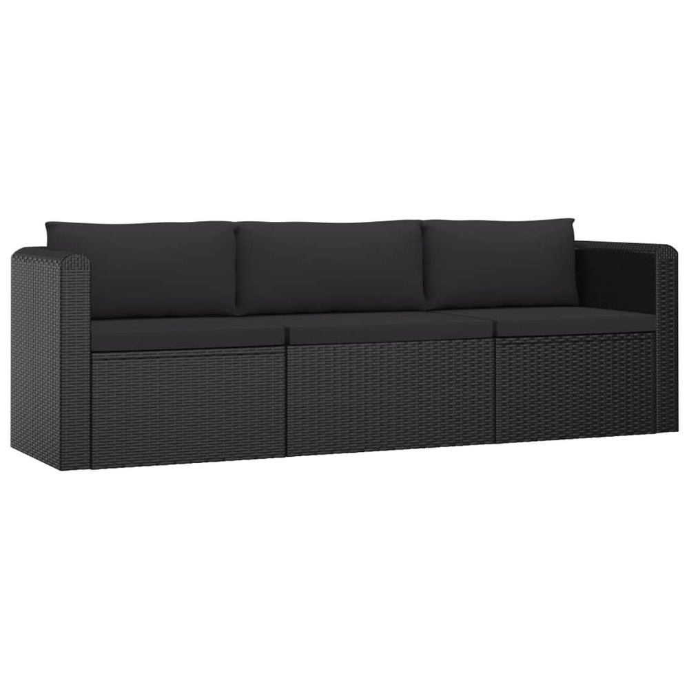 Sodo sofos komplektas su pagalvėlėmis, 3 dalių, juodas, ratanas