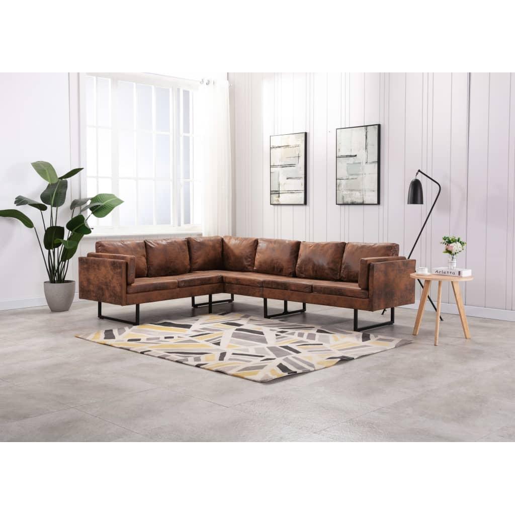 Kampinė sofa, rudos spalvos, dirbtinė versta oda
