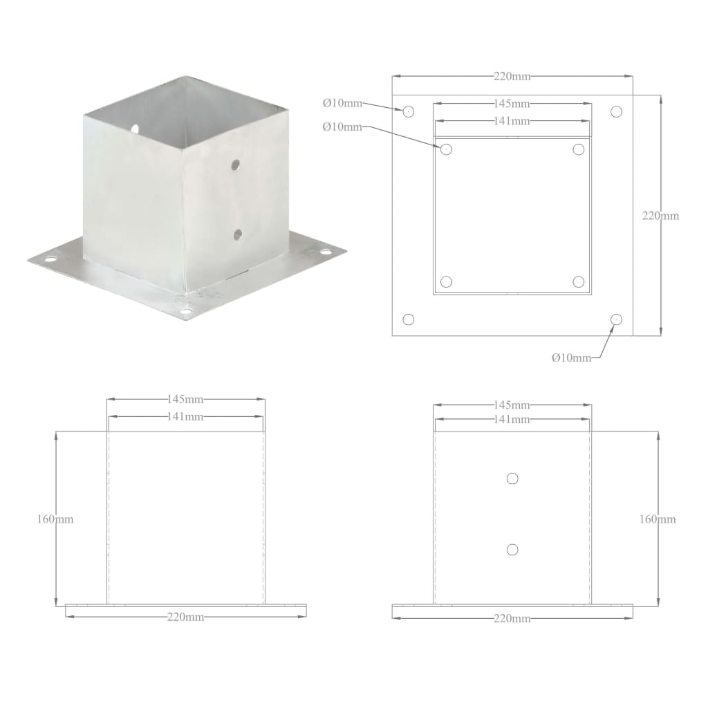 Stulpų pagrindai, 4vnt., galvanizuotas metalas, 141mm