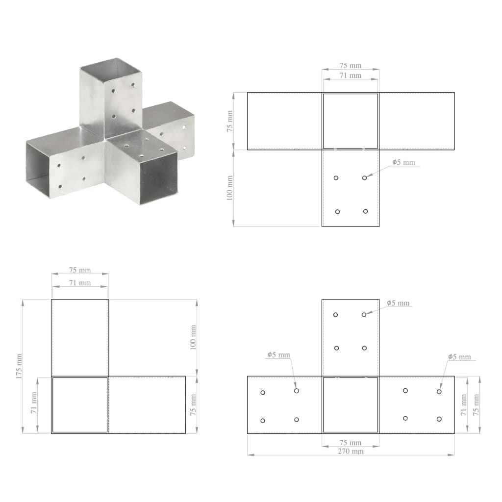 Stulpų sujungimai, 4vnt., 71x71mm, metalas, X formos