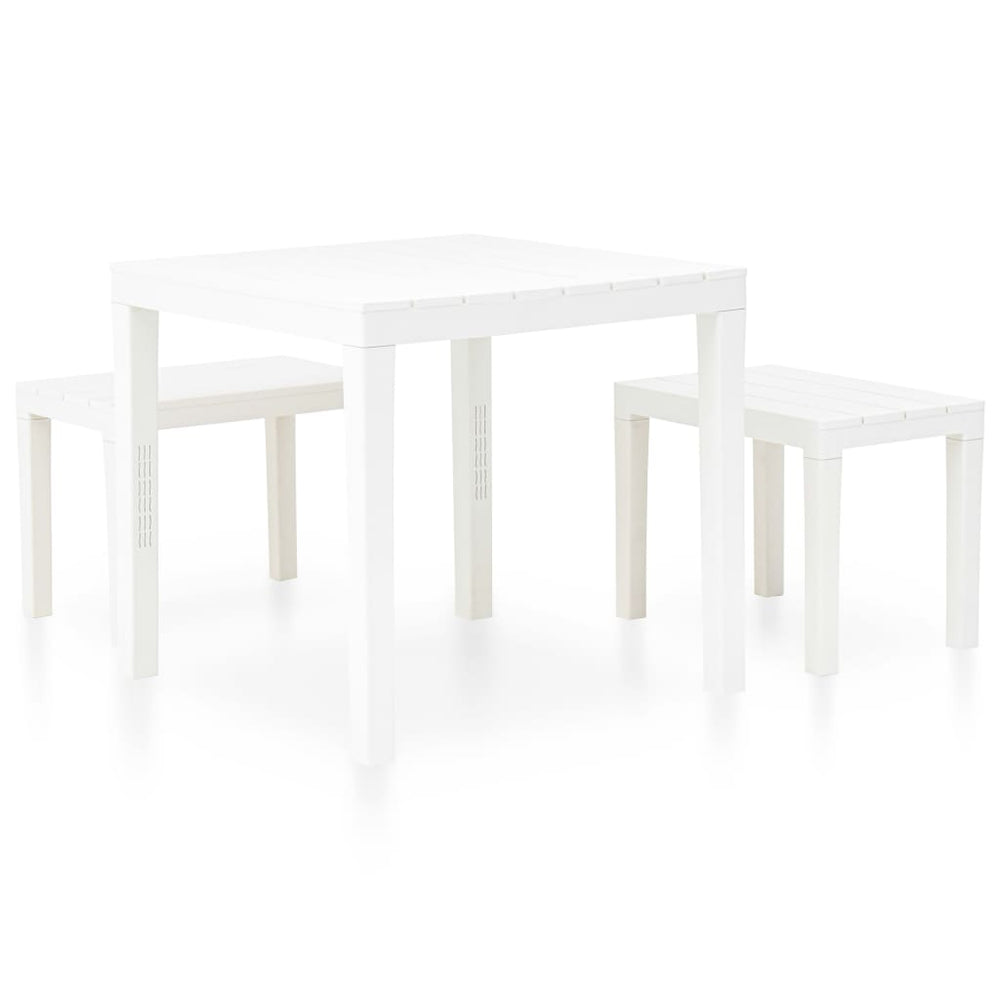 Sodo stalas su 2 suoliukais, baltos spalvos, plastikas