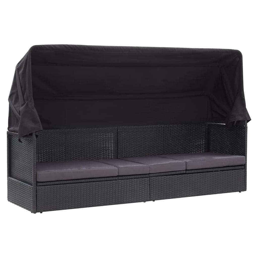 Lauko sofa-lova su stogeliu, juodos spalvos, poliratanas