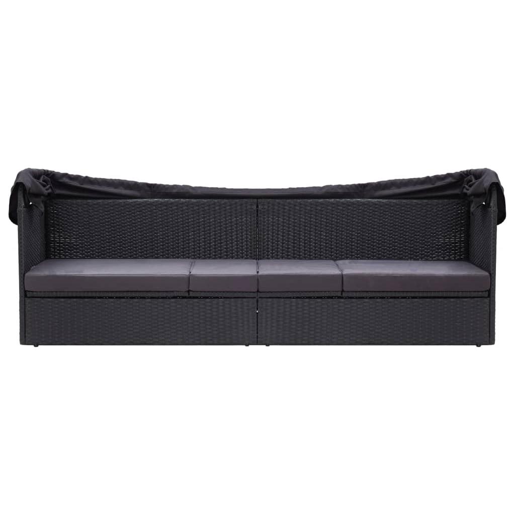 Lauko sofa-lova su stogeliu, juodos spalvos, poliratanas