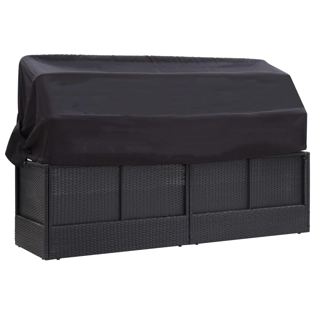 Lauko sofa-lova su stogeliu, juodos spalvos, poliratanas