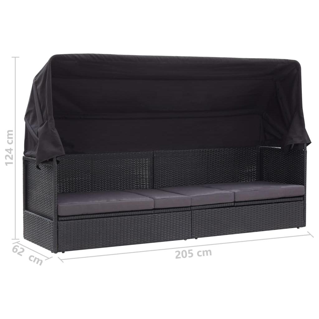 Lauko sofa-lova su stogeliu, juodos spalvos, poliratanas