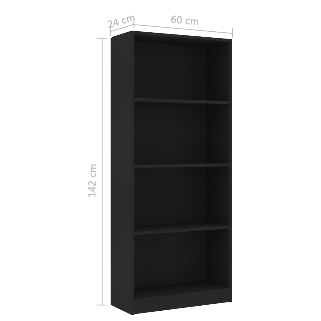 Spintelė knygoms, 4 lentynos, juodos spalvos, 60x24x142cm, MDP