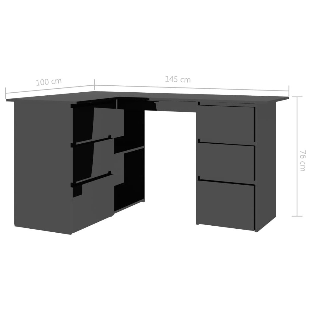 Kampinis rašomasis stalas, juodas, 145x100x76cm, MDP, blizgus