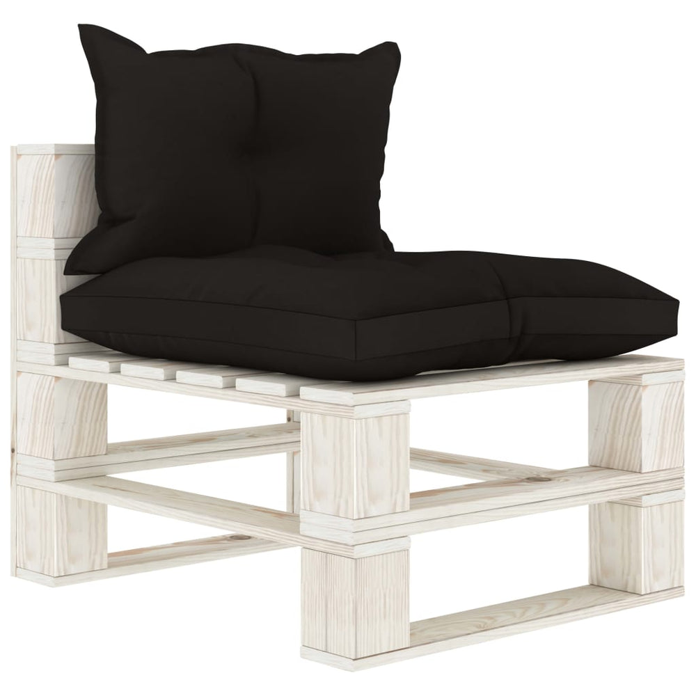 Vidurinė sodo sofa iš palečių su juodomis pagalvėmis, mediena
