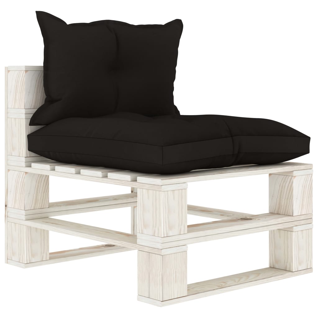 Vidurinė sodo sofa iš palečių su juodomis pagalvėmis, mediena