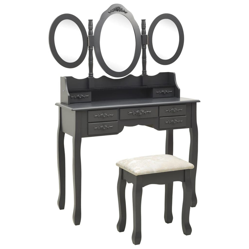 Kosmetinis staliukas su kėdute ir 3 veidrodžiais, pilkas