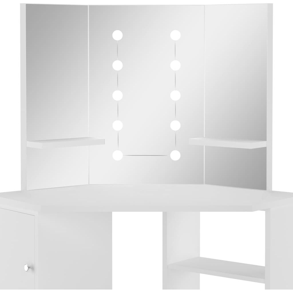 Kampinis kosmetinis staliukas su LED lemputėmis, baltos spalvos