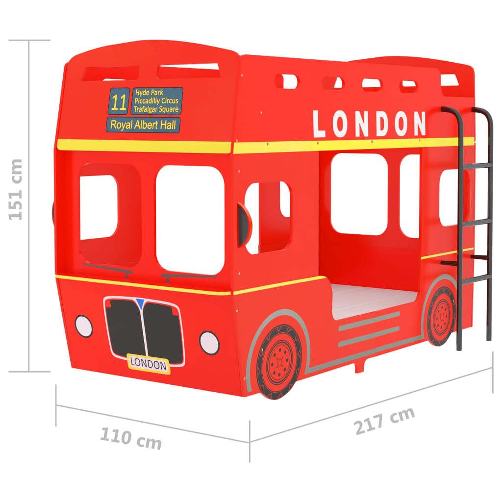 Dviaukštė lova, raudona, 90x200cm, MDF, Londono autobusas