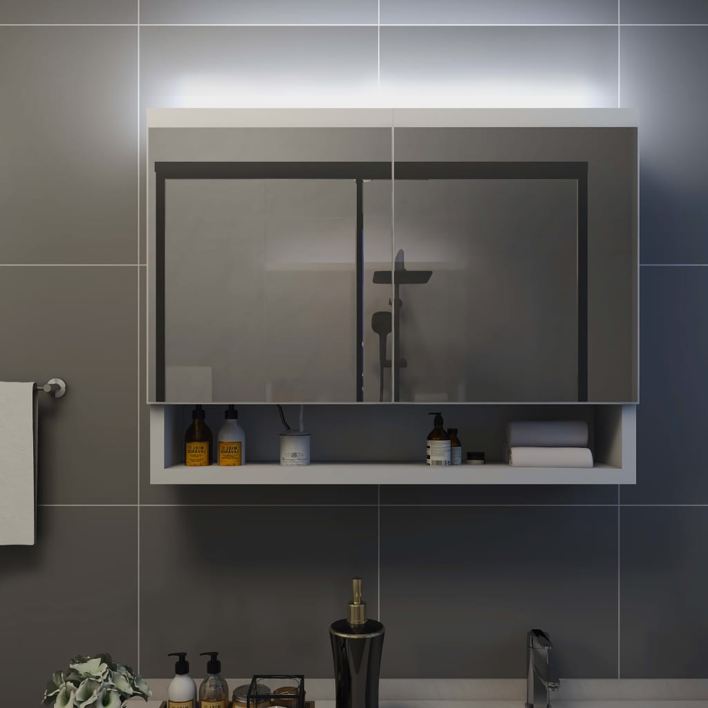 Veidrodinė vonios spintelė su LED, balta, 80x15x60cm, MDF