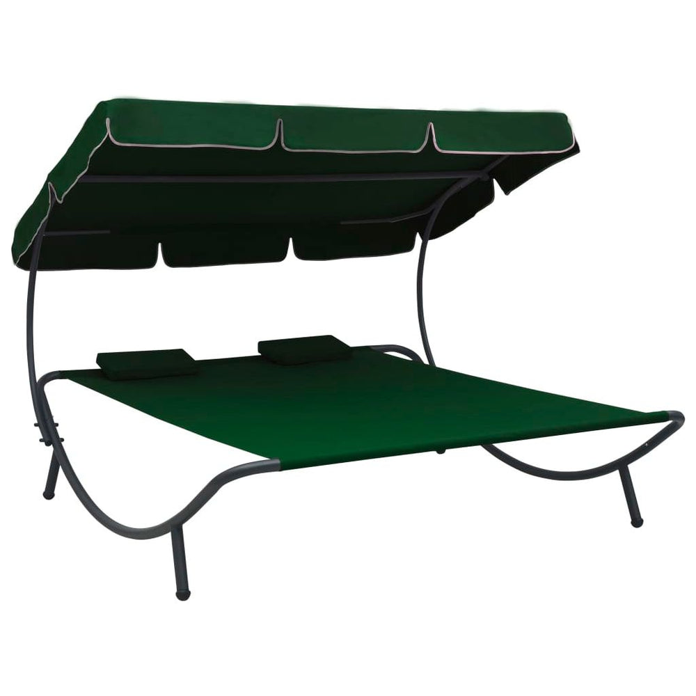 Lauko poilsio gultas su stogeliu ir pagalvėmis, žalios spalvos