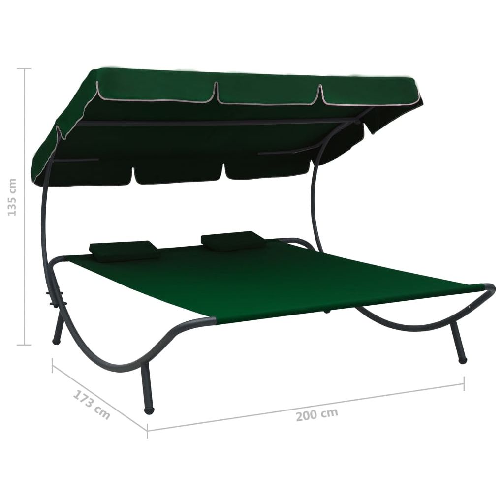Lauko poilsio gultas su stogeliu ir pagalvėmis, žalios spalvos