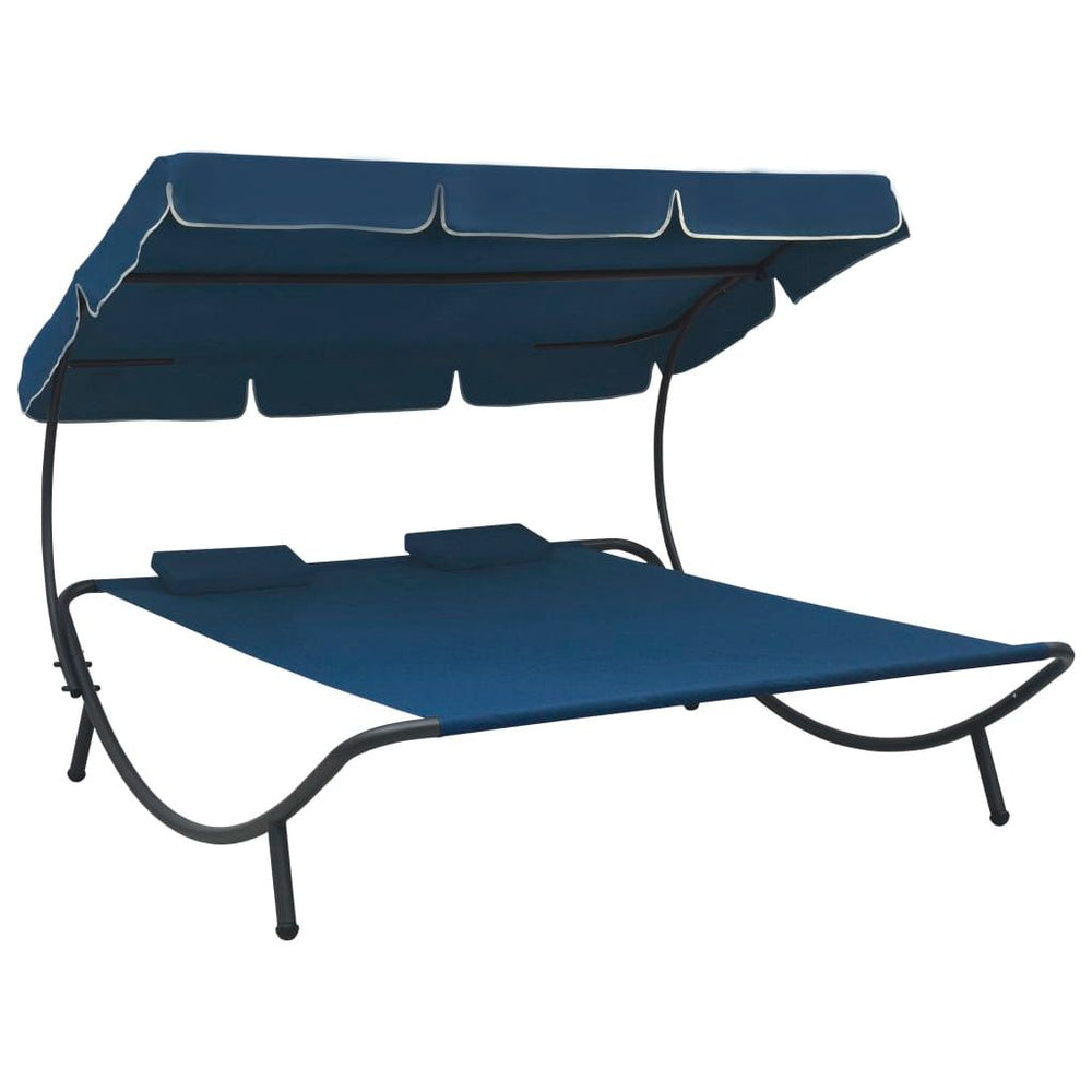 Lauko poilsio gultas su stogeliu ir pagalvėmis, mėlynos spalvos