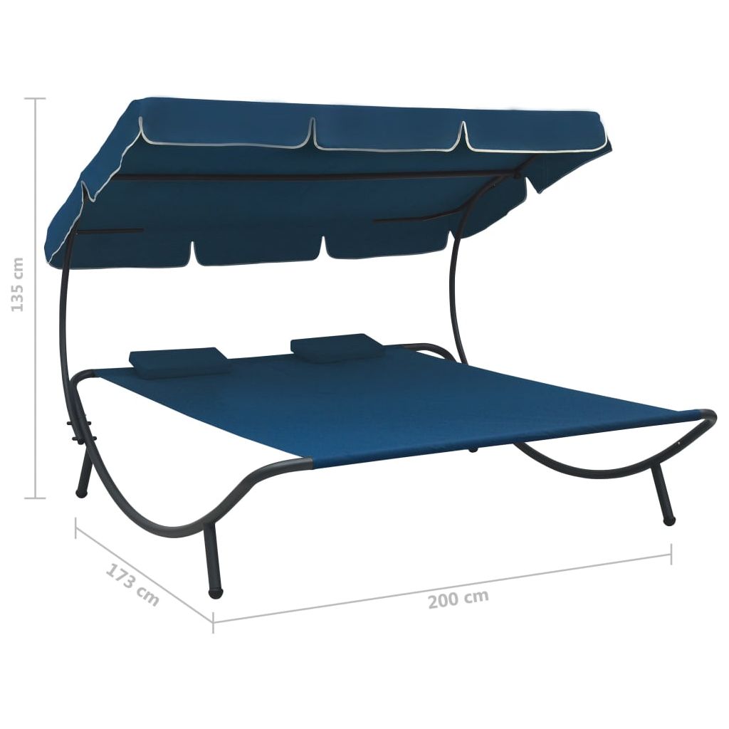Lauko poilsio gultas su stogeliu ir pagalvėmis, mėlynos spalvos