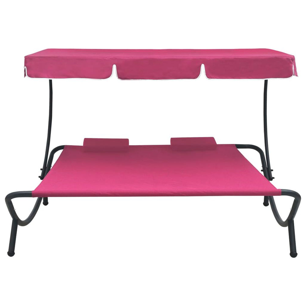 Lauko poilsio gultas su stogeliu ir pagalvėmis, rožinės spalvos