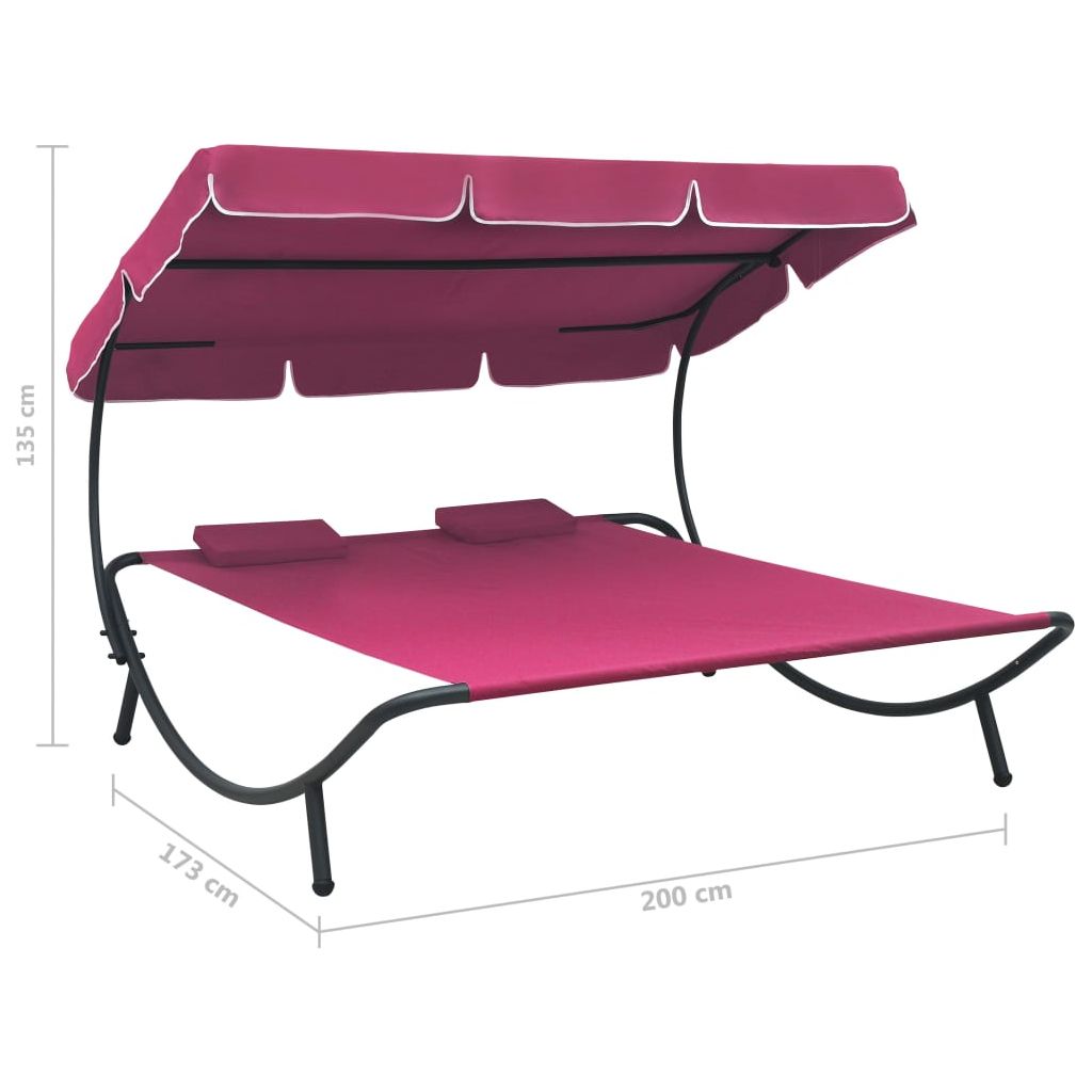 Lauko poilsio gultas su stogeliu ir pagalvėmis, rožinės spalvos