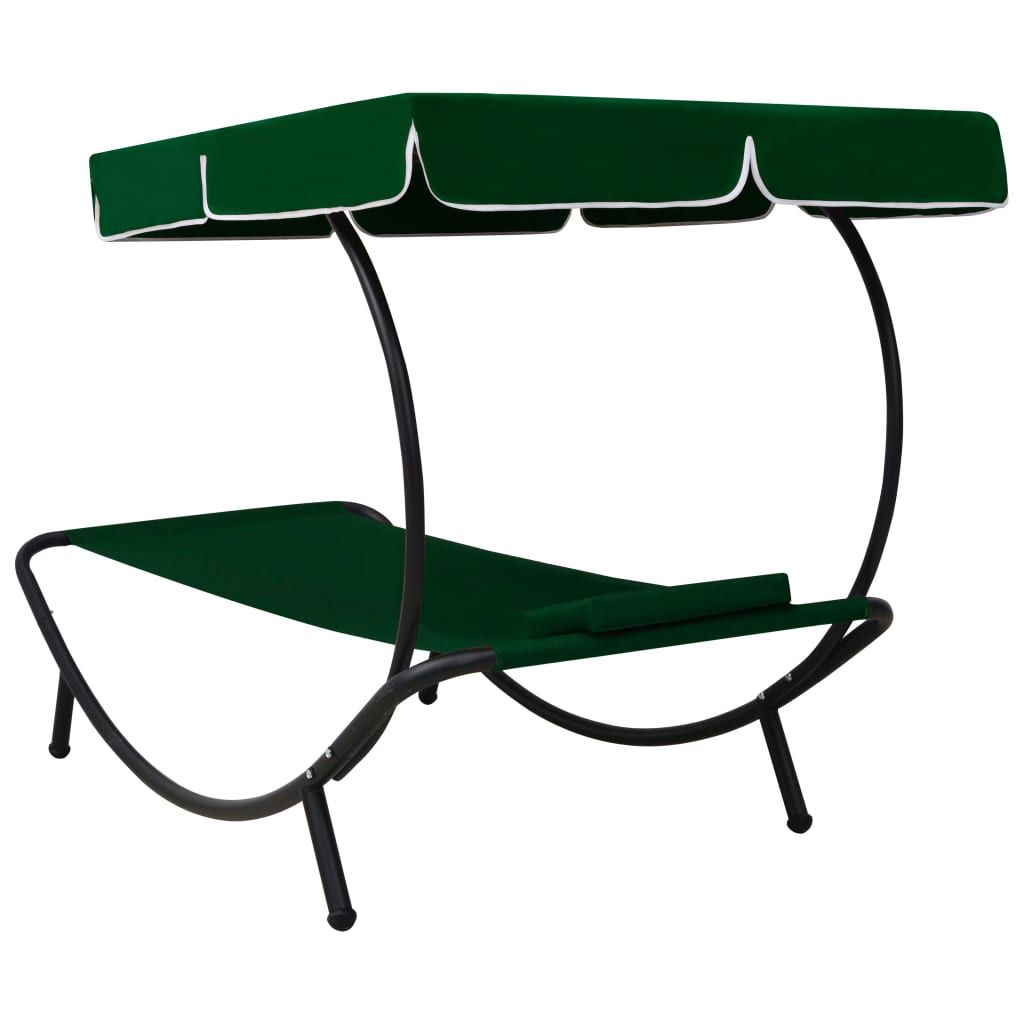 Lauko poilsio gultas su stogeliu ir pagalve, žalios spalvos