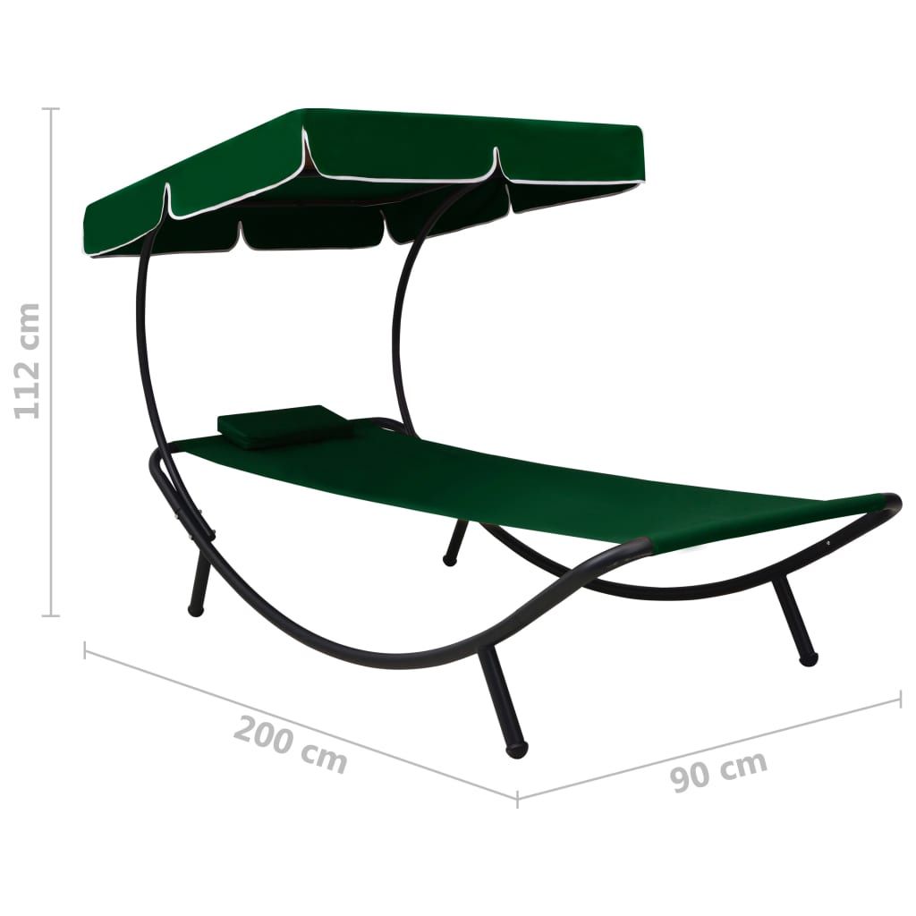 Lauko poilsio gultas su stogeliu ir pagalve, žalios spalvos