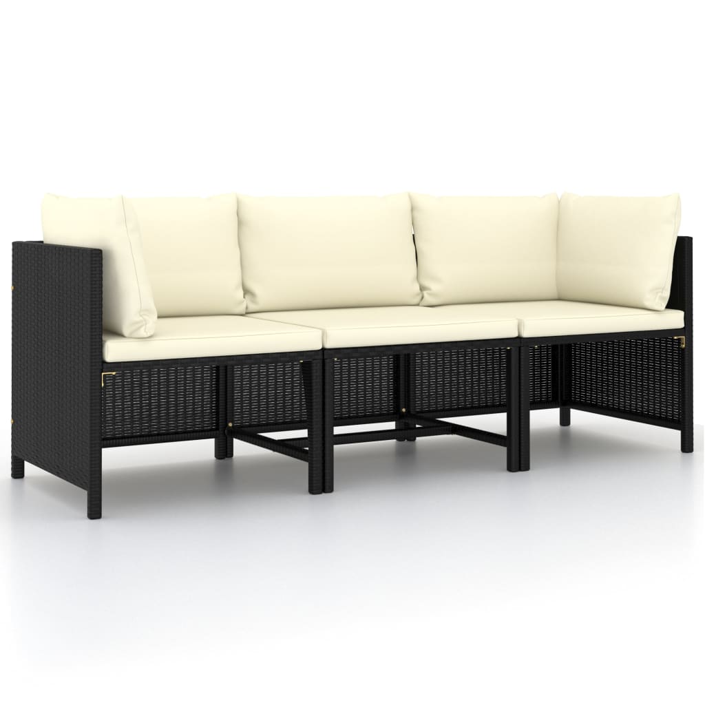 Trivietė sodo sofa su pagalvėlėmis, juodos spalvos, poliratanas