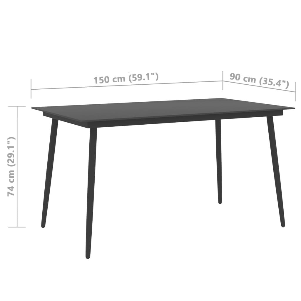 Sodo valgomojo stalas, juodas, 150x90x74cm, plienas ir stiklas