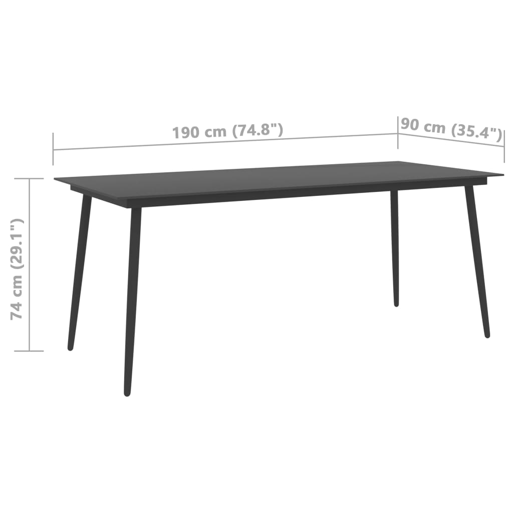 Sodo valgomojo stalas, juodas, 190x90x74cm, plienas ir stiklas