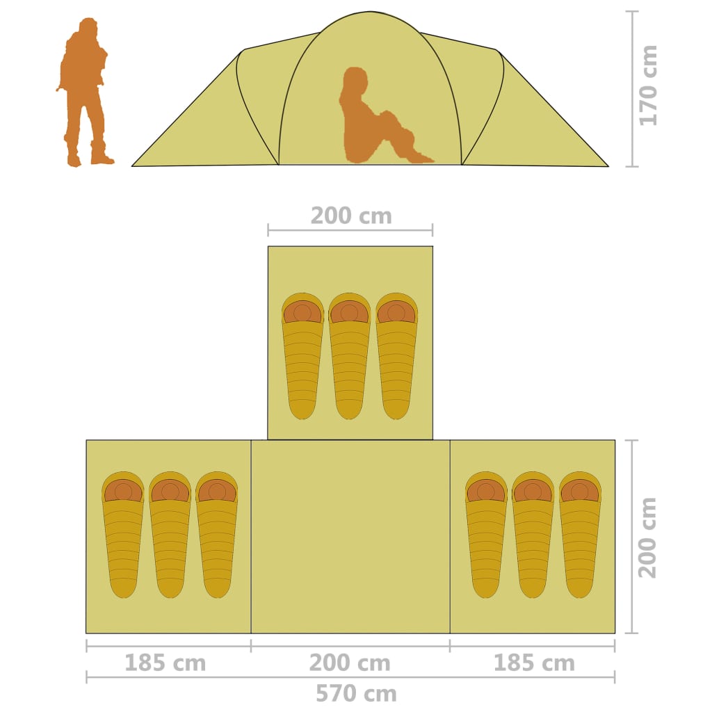 Stovyklavimo palapinė, pilka ir oranžinė, 9 vietų, audinys
