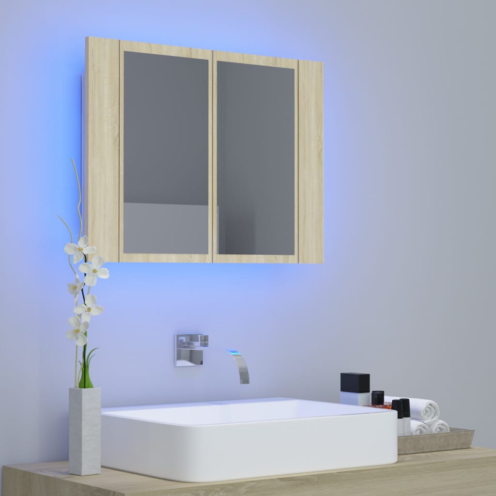 Veidrodinė vonios spintelė su LED, ąžuolo, 60x12x45cm