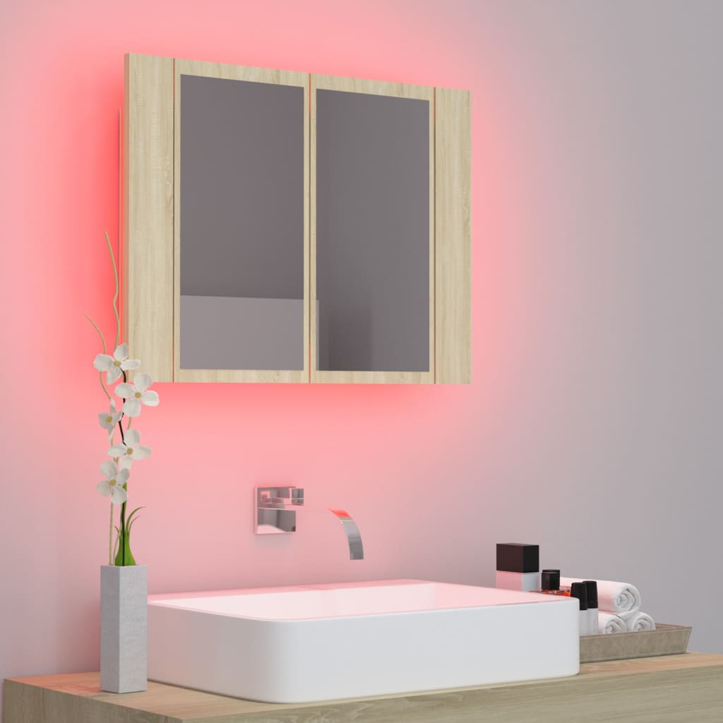 Veidrodinė vonios spintelė su LED, ąžuolo, 60x12x45cm