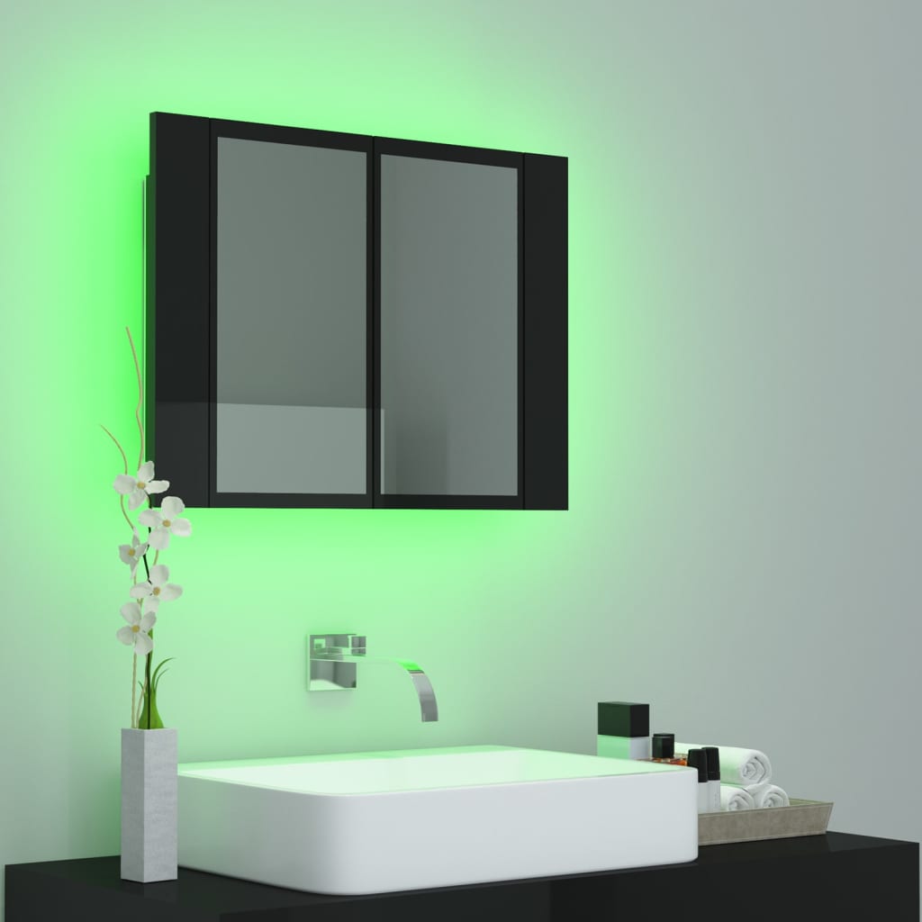 Veidrodinė vonios spintelė su LED, juoda, 60x12x45cm, blizgi