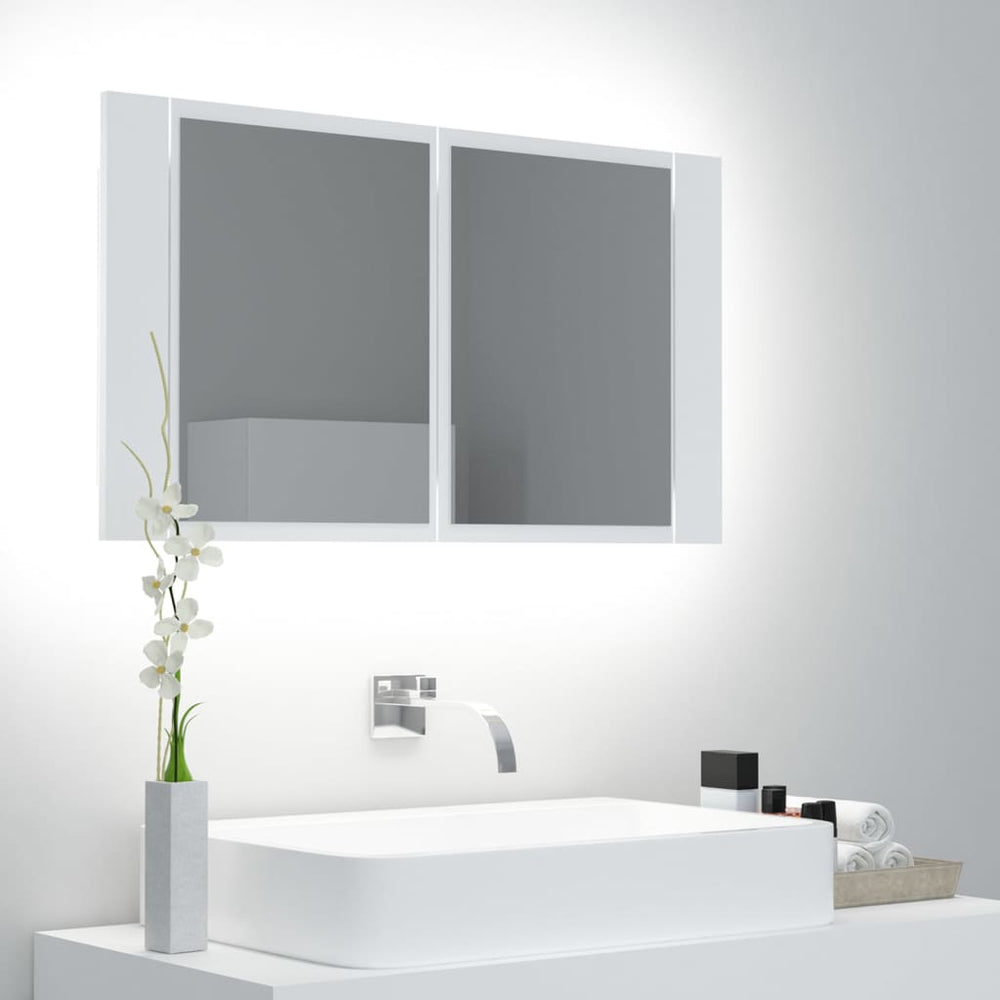 Veidrodinė vonios spintelė su LED apšvietimu, balta, 80x12x45cm