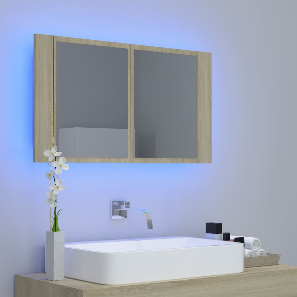 Veidrodinė vonios spintelė su LED, ąžuolo, 80x12x45cm